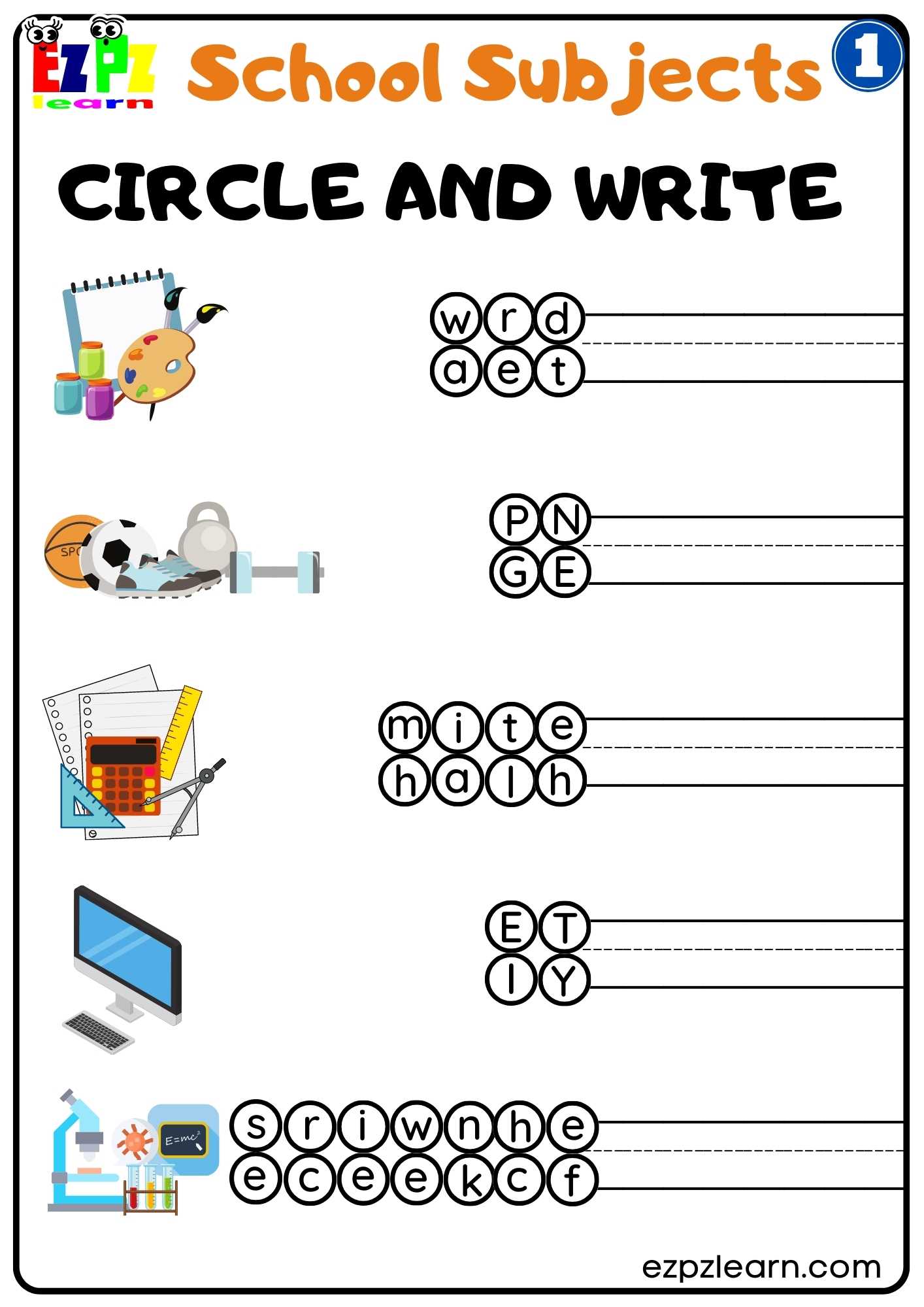Group1 School Subjects Circle and Write Worksheet for K5 and ESL Students